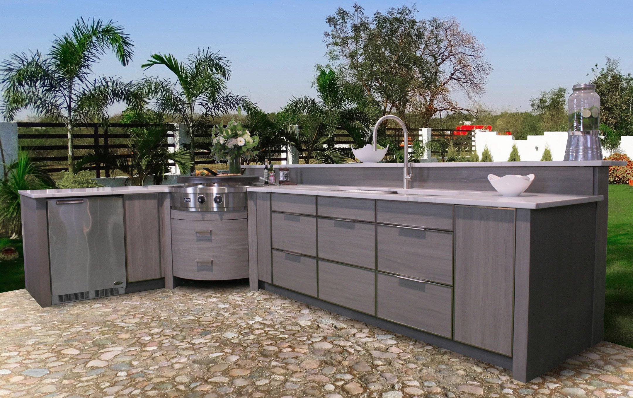 Luxurious modern outdoor kitchen with-Galley-workstation and Evo cooktop