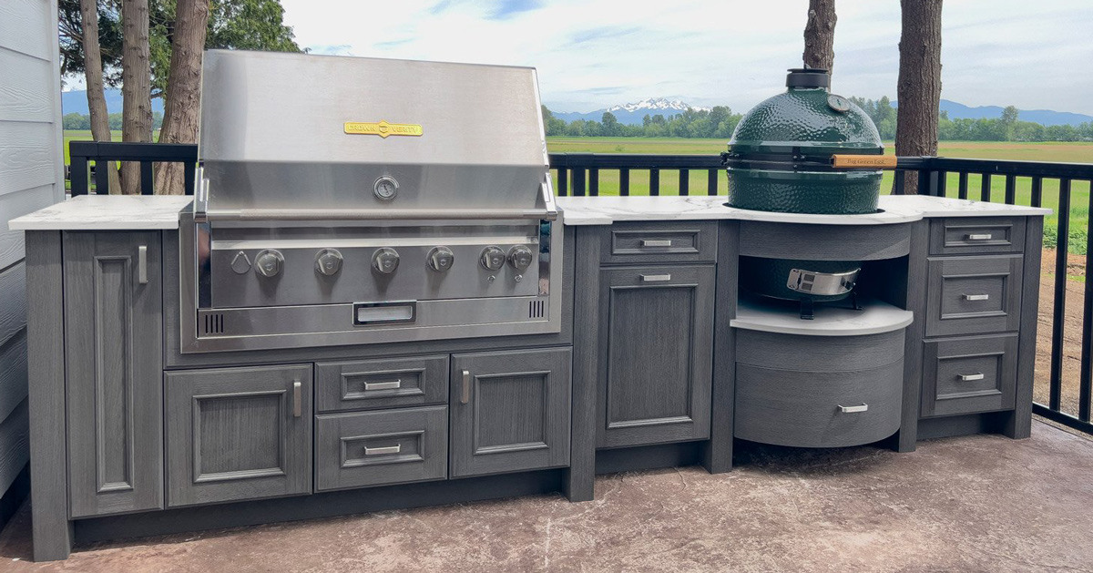 Outdoor Kitchen in Pacific Northwest with Snowy Mountain in the Background